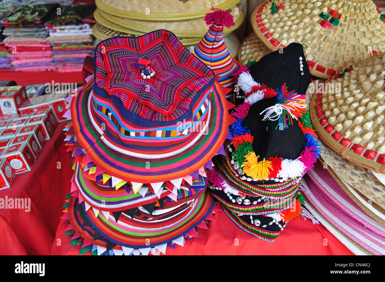 Hill tribe hats in tourist market, Don Sae, Pak Tha Region, Bokèo ...