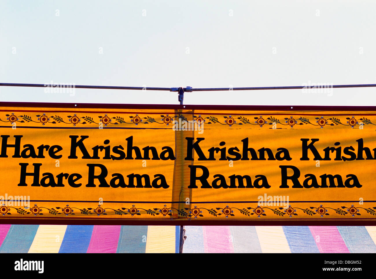 Hare Krishna Hare Rama Mantra Banner Sign at Festival of India Stock Photo  - Alamy