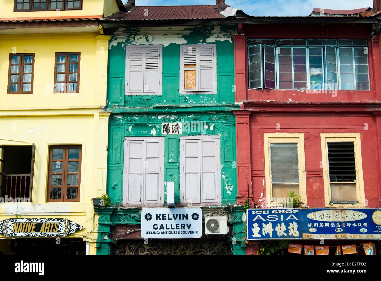 Malaysia Malaysian Borneo Sarawak State Kuching facade of houses