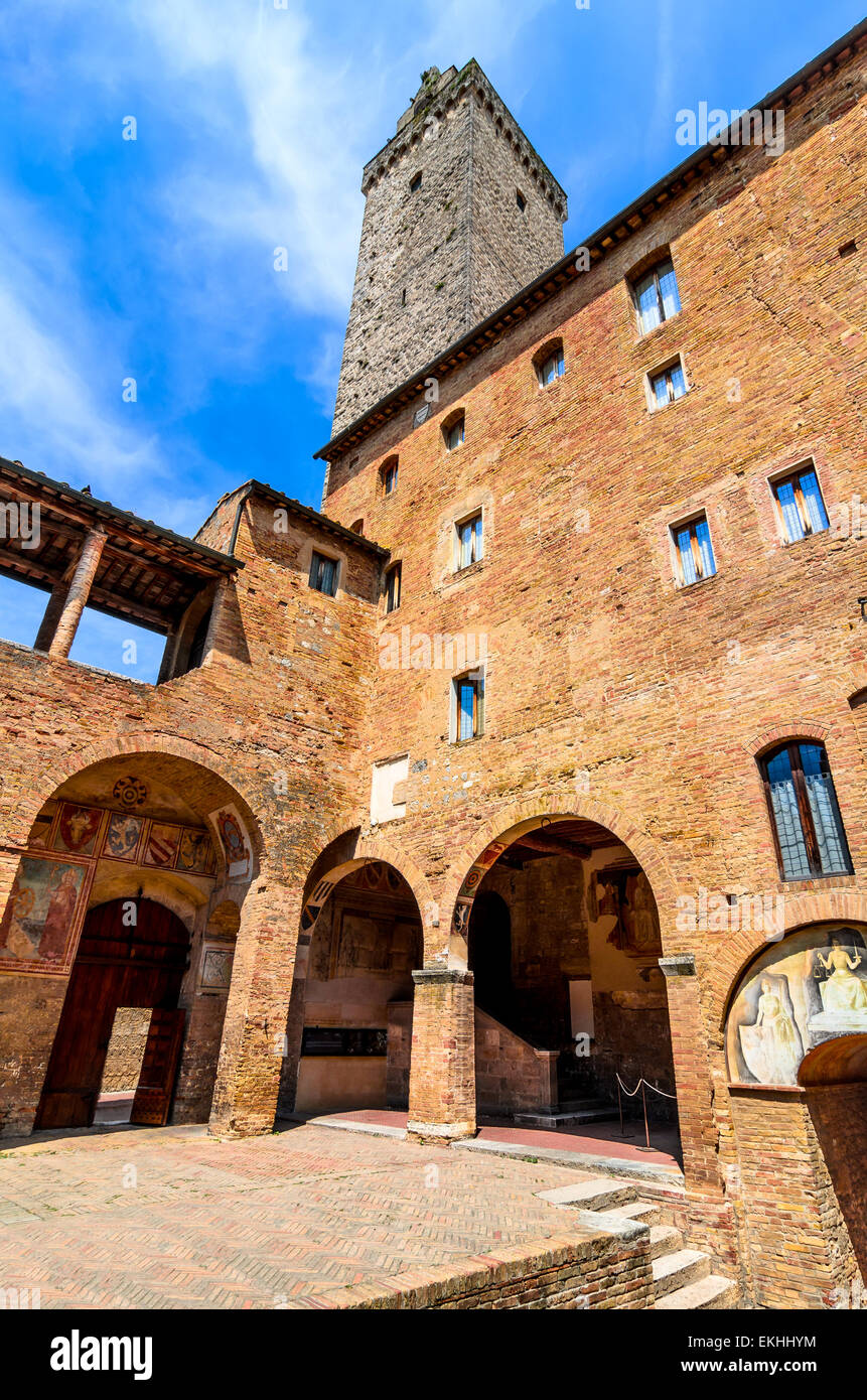 San Gimignano Tuscany Torre Grossa And Palazzo Podesta Courtyard Landmark Of Beautiful Tuscan
