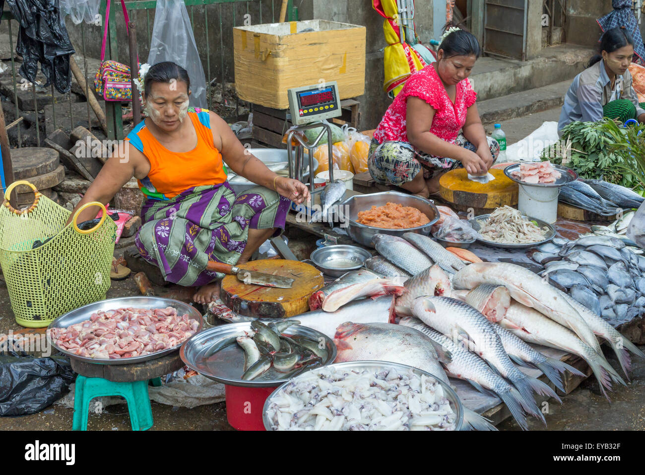 Fish Stall On Street Market In Yangon Rangoon Myanmar Burma Stock
