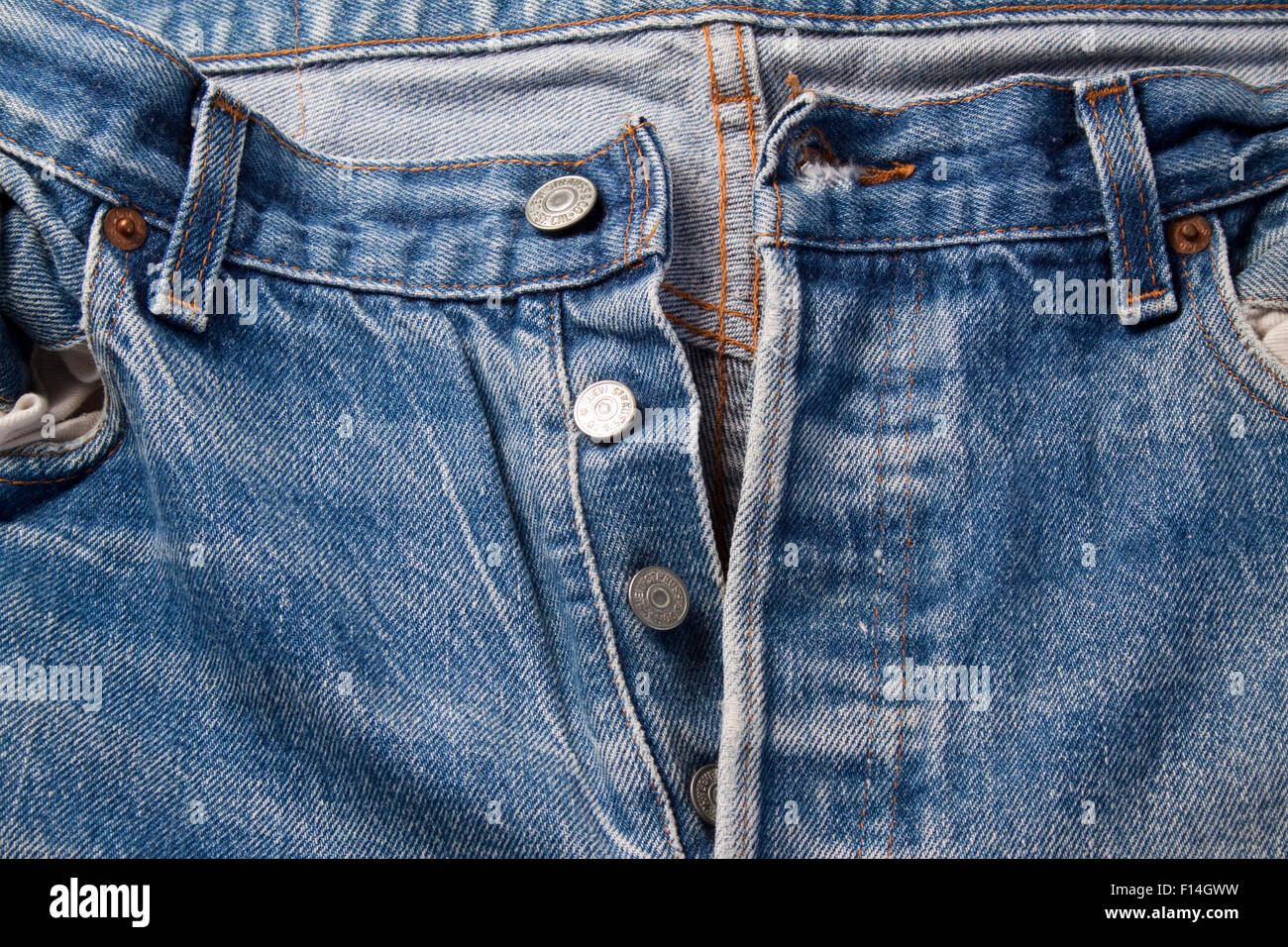 Detail of the button fly on a worn pair of Levi 501 jeans Stock Photo ...
