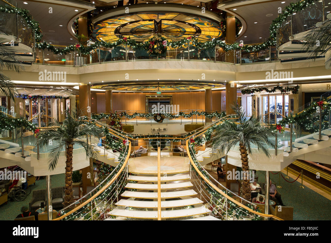 Christmas decorations adorn the atrium of the Oceana a cruise liner