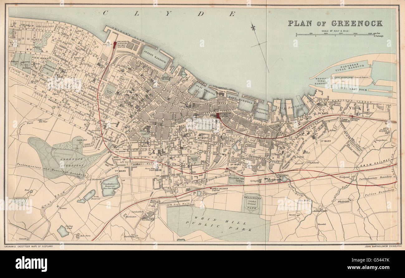 GREENOCK: Antique town plan. Scotland. BARTHOLOMEW, 1885 antique map ...