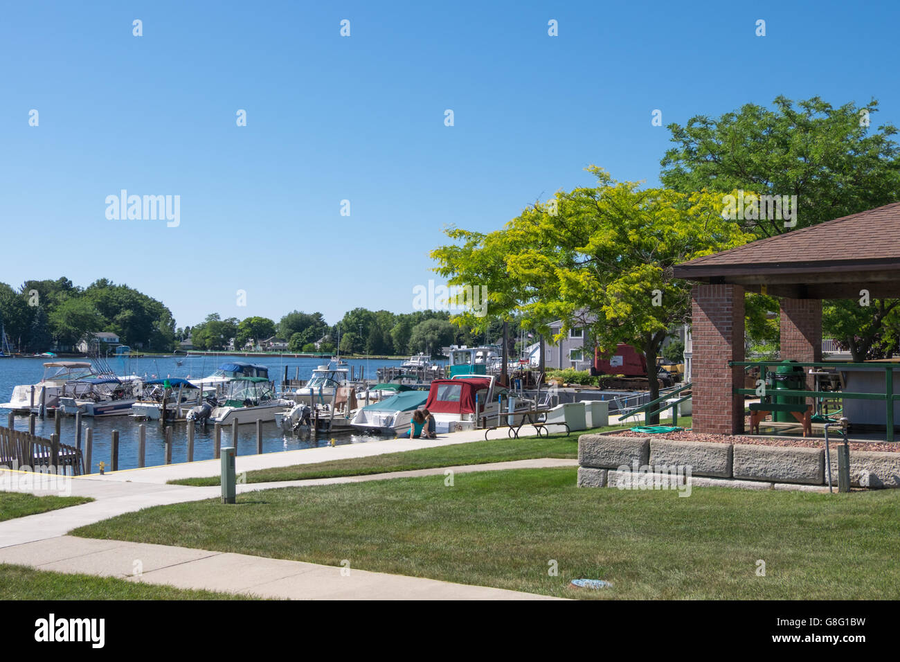 Public marina and park in downtown Pentwater, Michigan, USA on a bright ...