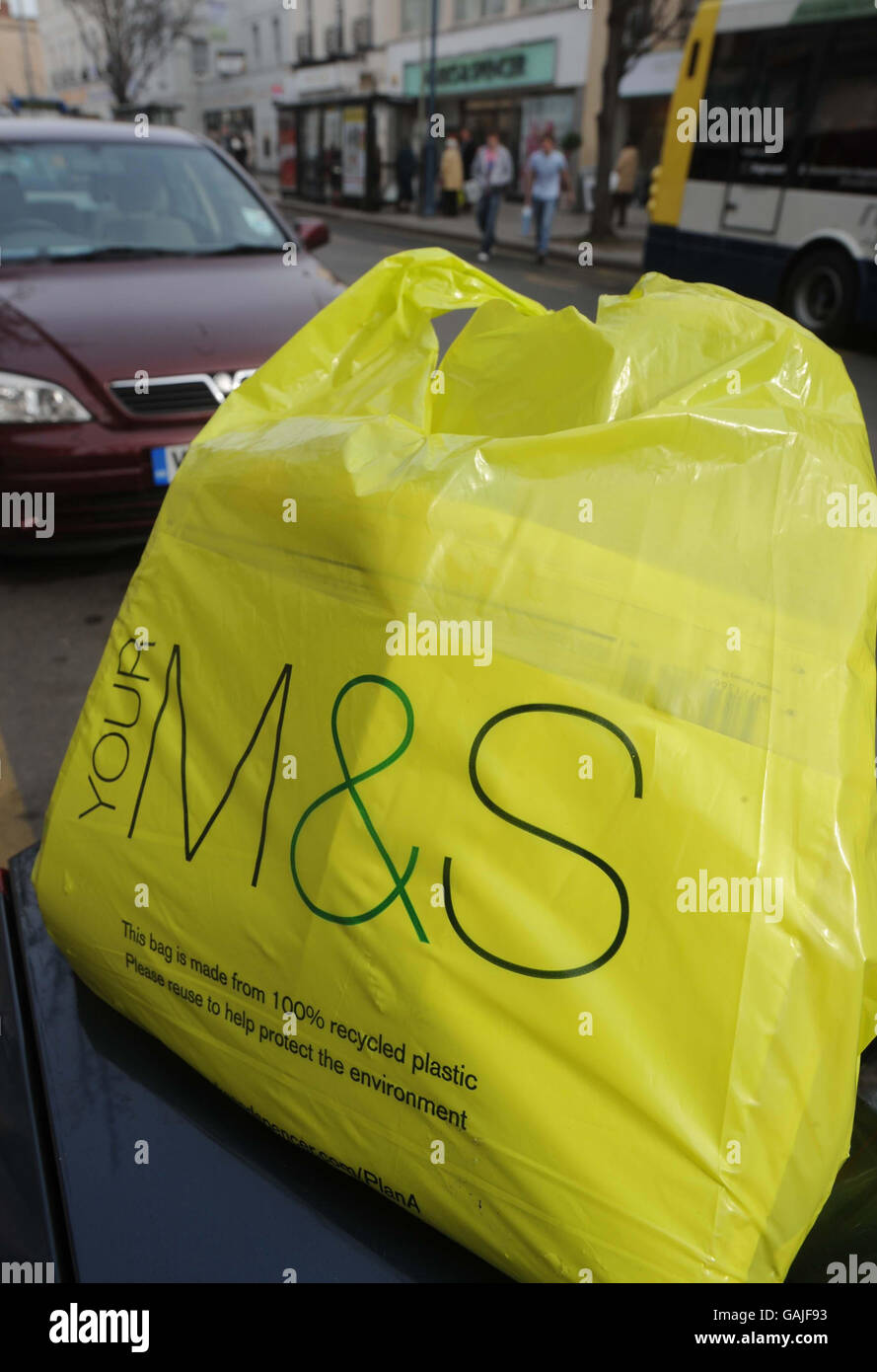 A 5p M&S carrier bag bought in a store in Cheltenham Stock Photo - Alamy