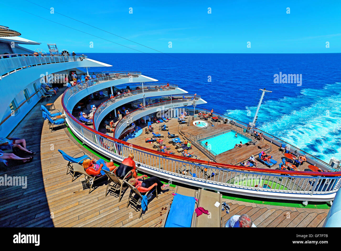 P&O cruise ship Aurora aft terrace pool in the Mediterranean sea Stock