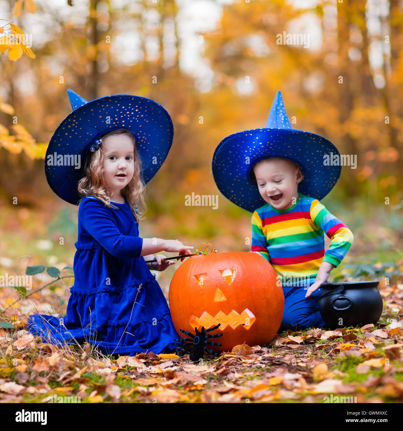 Children wearing blue witch costumes with hats playing with pumpkin and ...