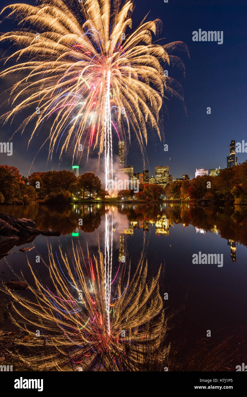 Central Park Fireworks celebrating the Marathon reflecting on the Lake