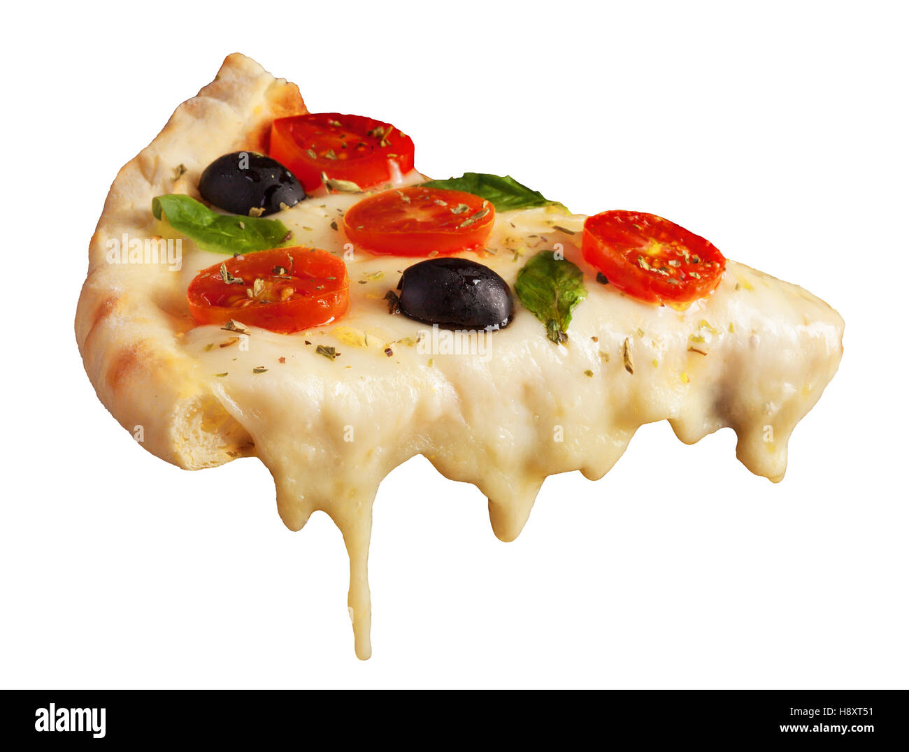 A Hot Pizza Slice With Dripping Melted Cheese Isolated On White Stock