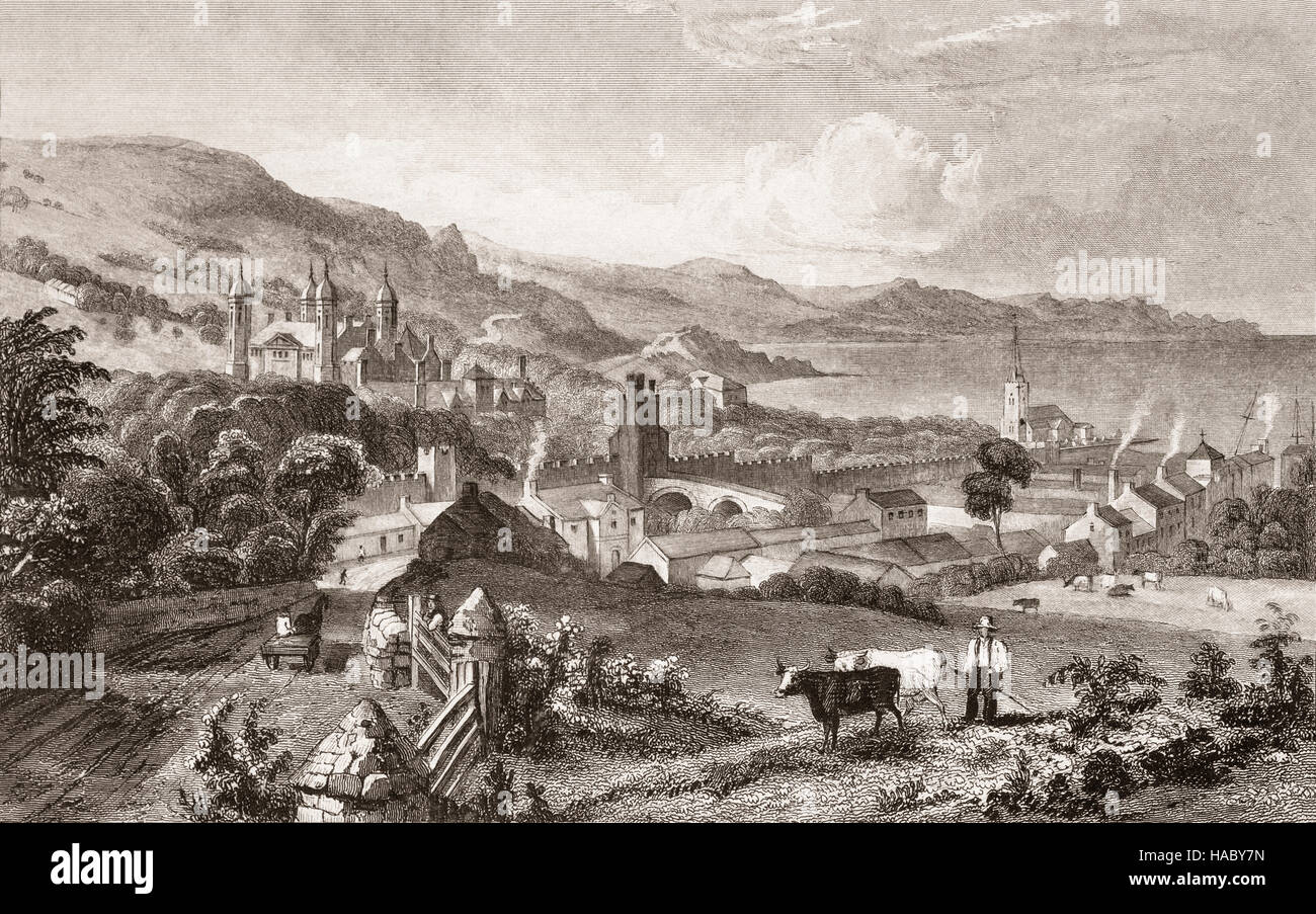 19th Century view of a farmer and cattle with Glenarm Castle towering ...