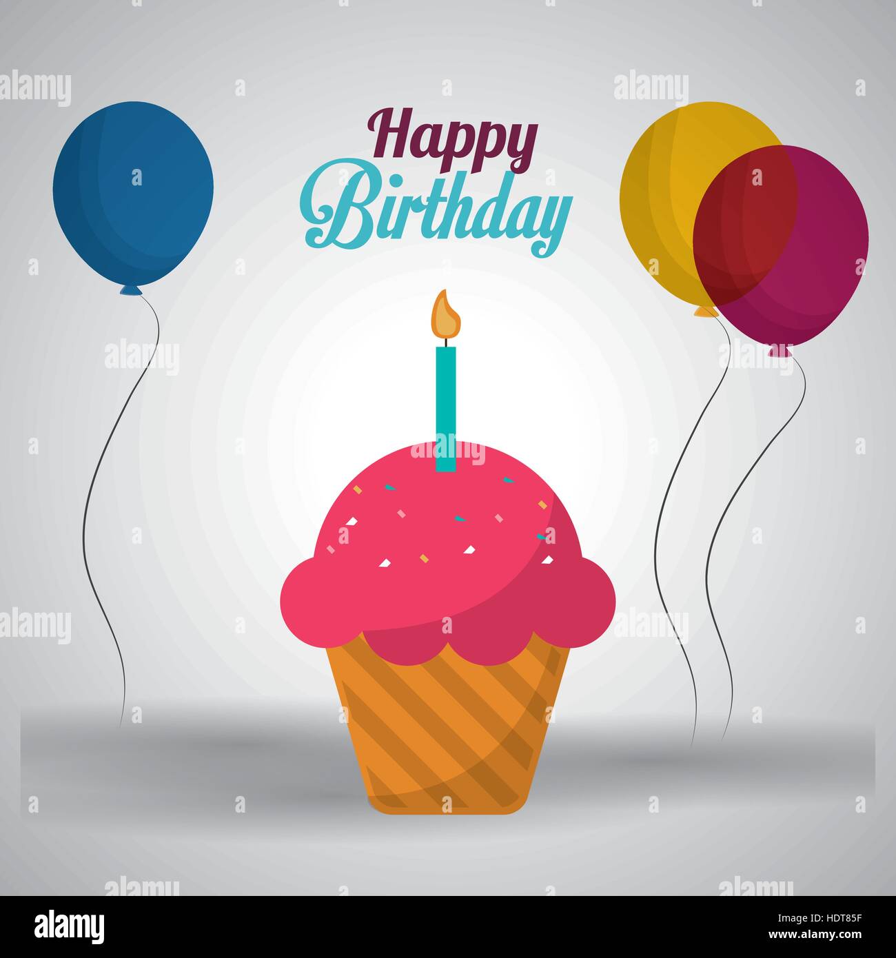 happy birthday card pink cupcake candle and balloons with shadow Stock ...