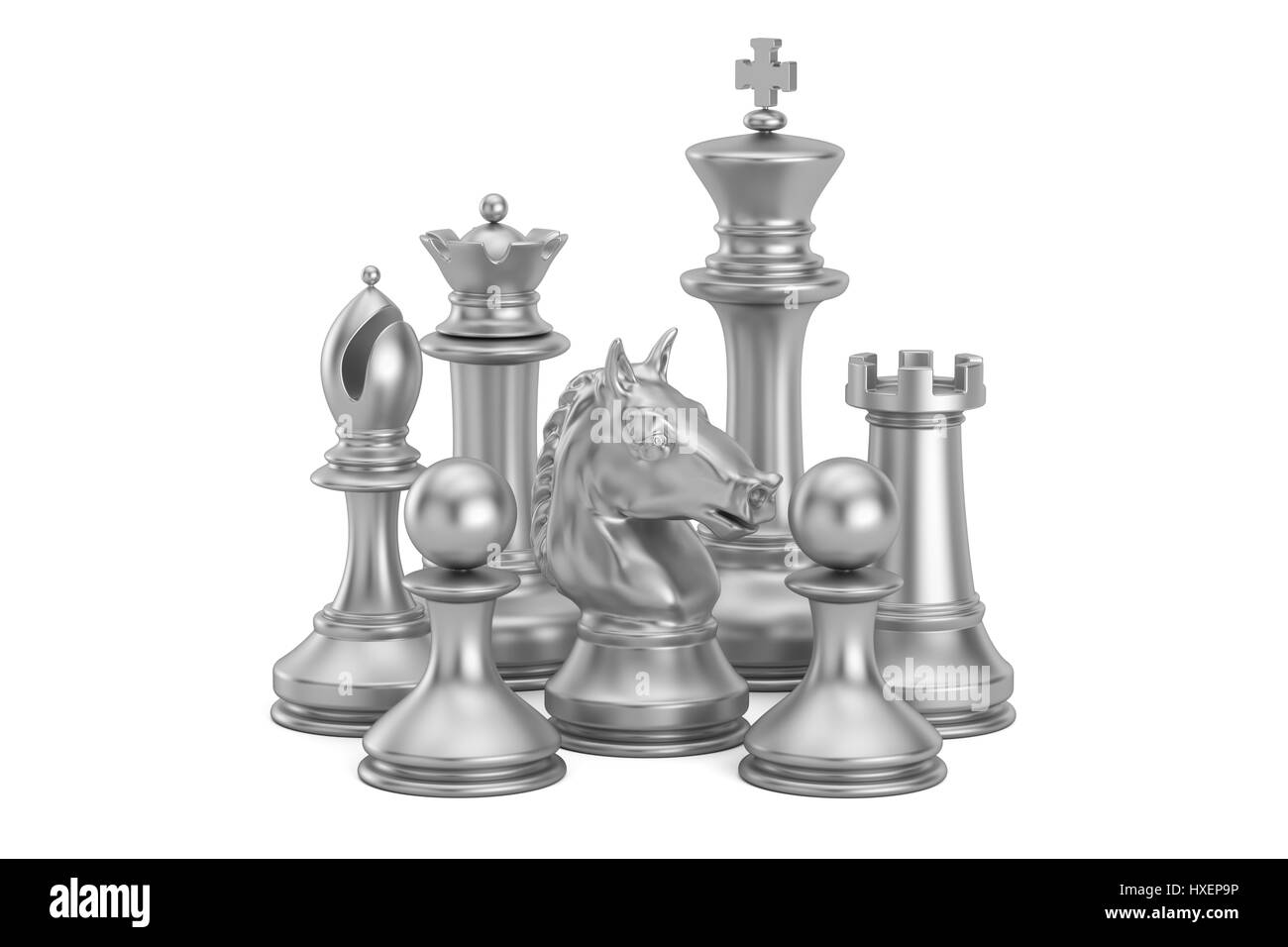 Silver Chess Figures 3d Rendering Isolated On White Background Stock