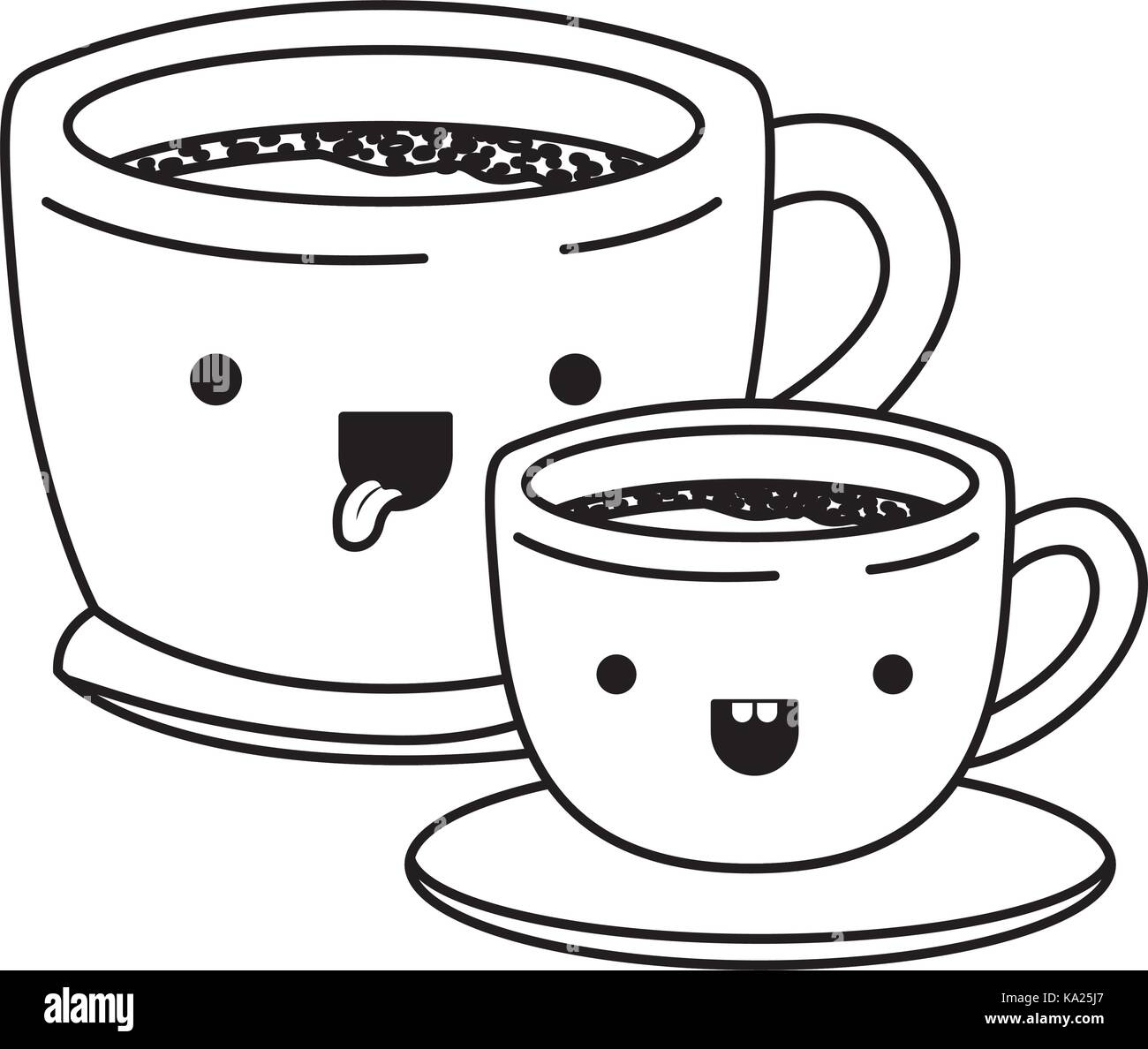 set big and small cup of coffee monochrome kawaii silhouette Stock ...