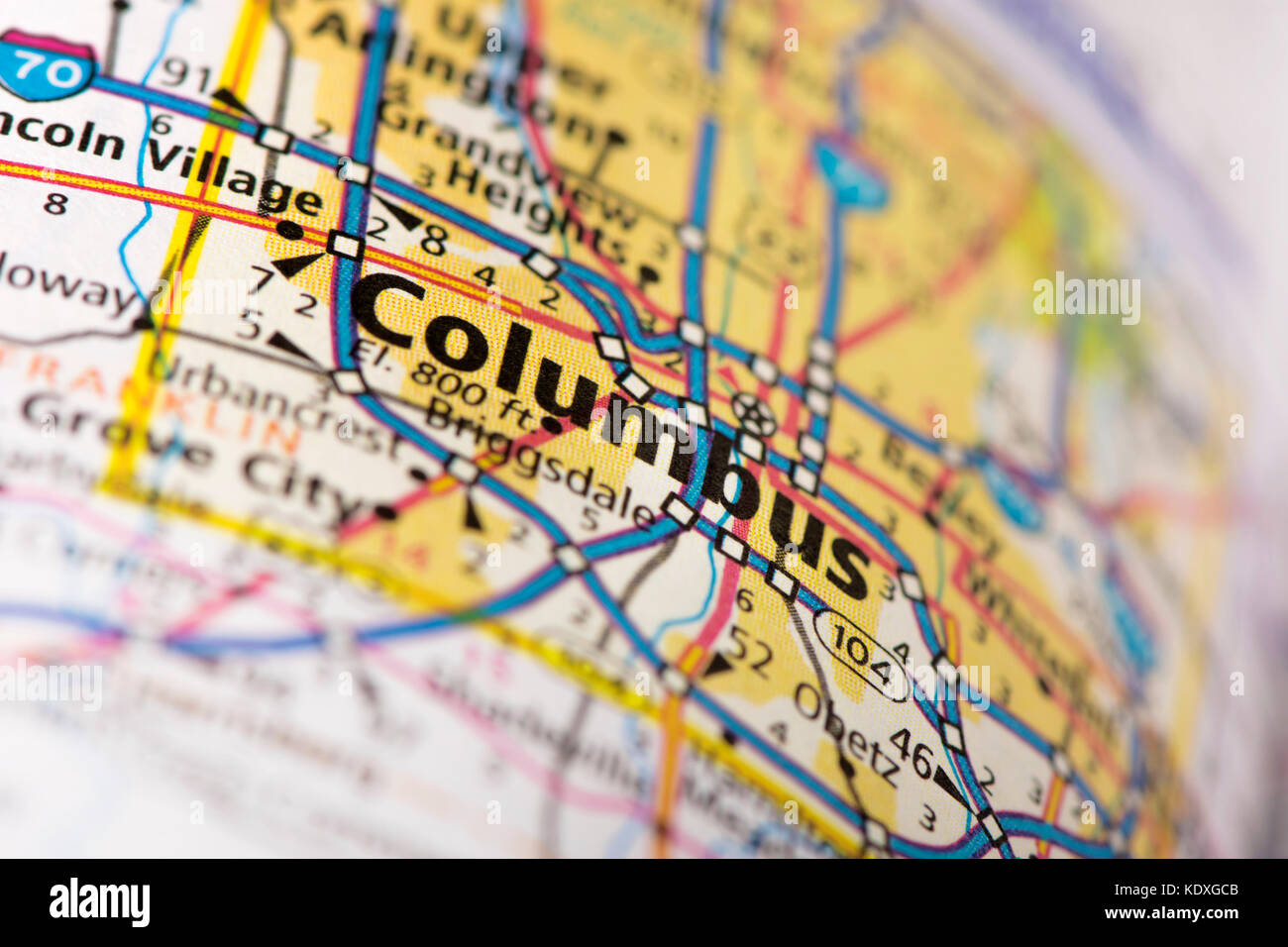 Closeup Of Columbus Ohio On A Road Map Of The United States KDXGCB 