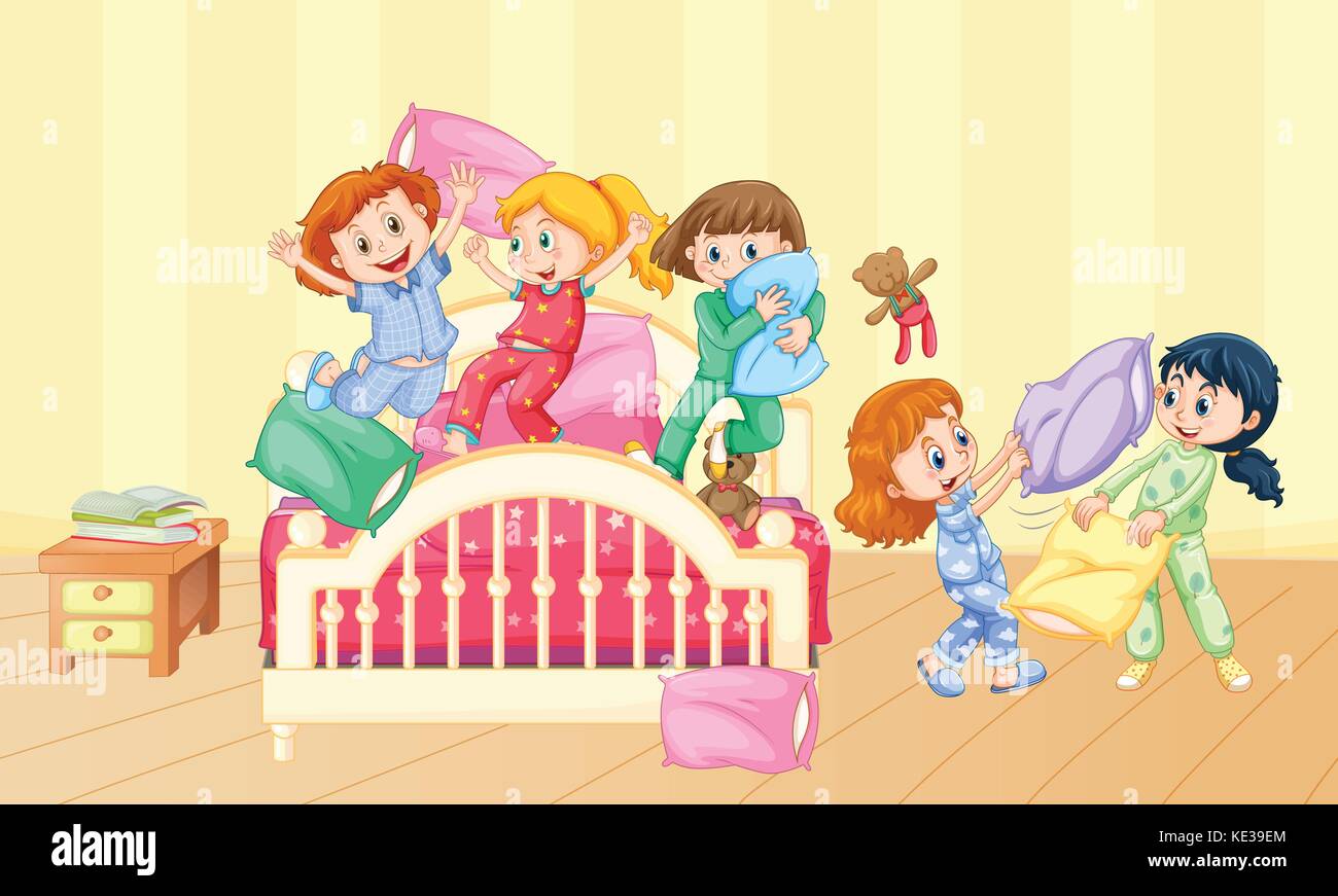 Girls Playing Pillow Fight At Slumber Party Illustration Stock Vector Image And Art Alamy