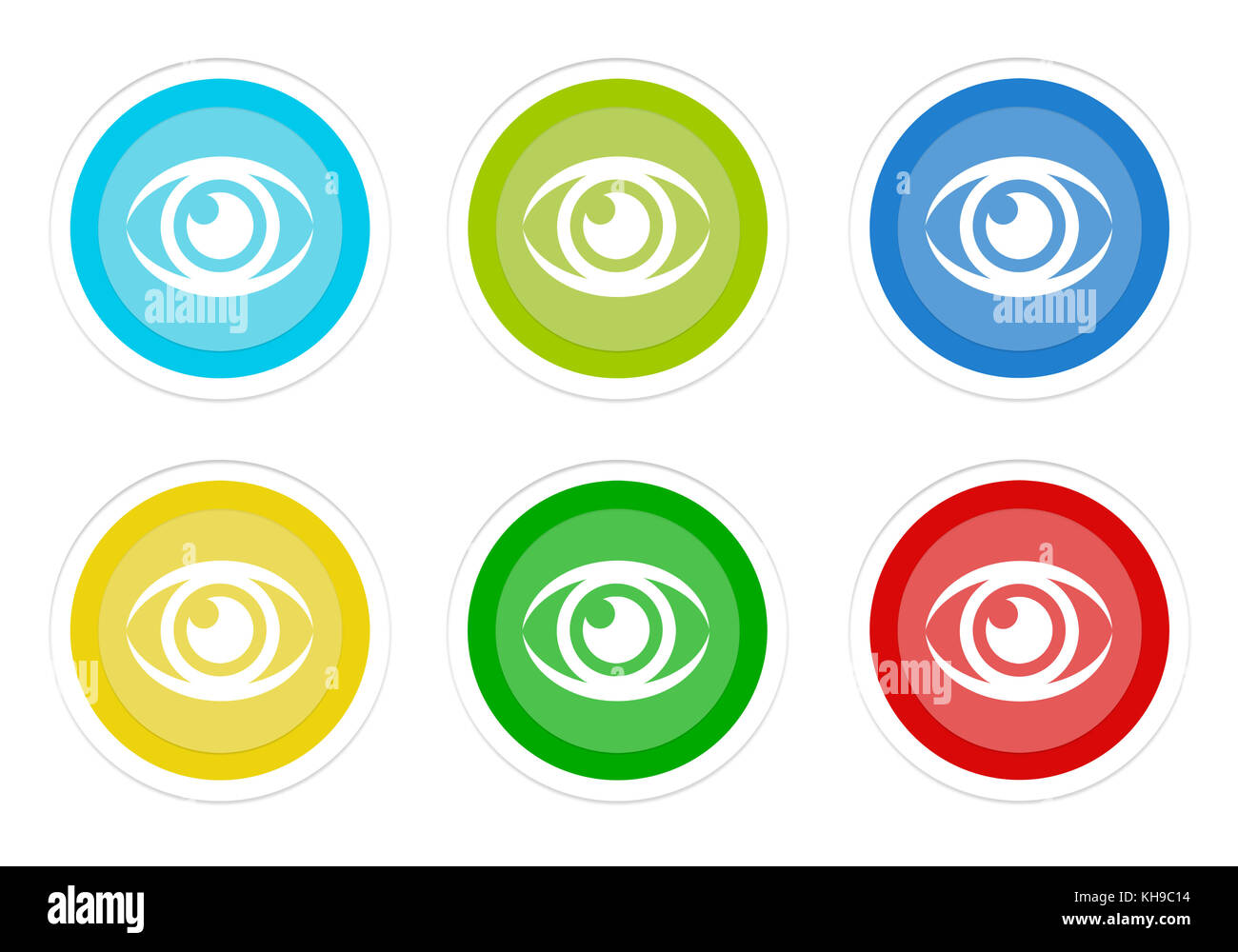 Set of rounded colorful buttons with eye symbol in blue, green, yellow ...