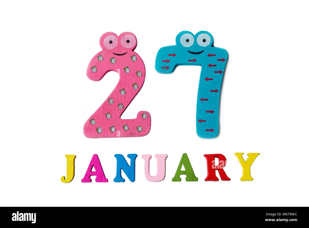 January 27 on white background, numbers and letters. Calendar Stock