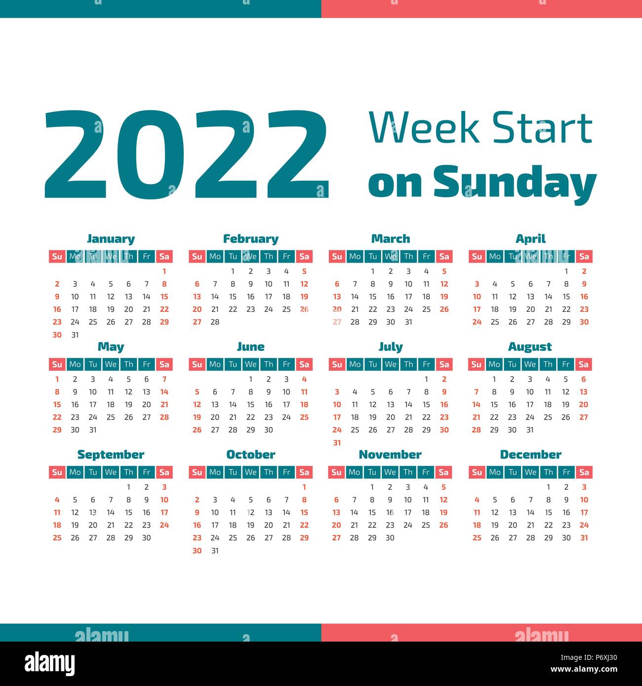 Simple 2022 Year Calendar Week Starts On Sunday Stock Vector Image