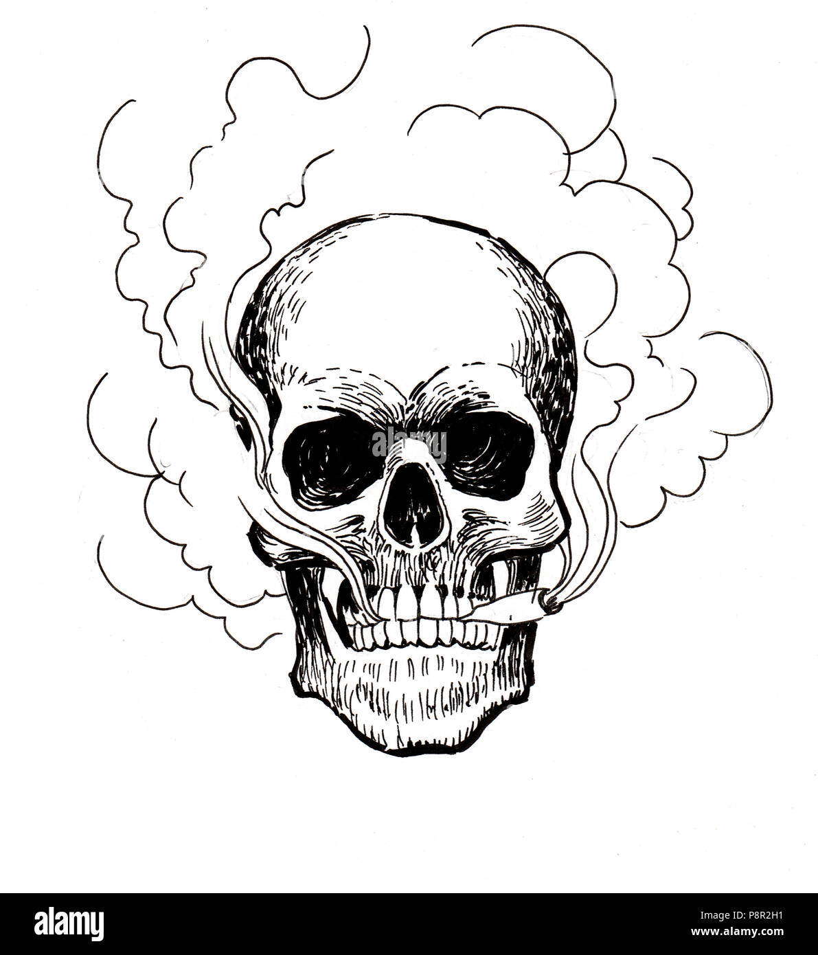 Skull smoking marijuana joint. Ink black and white illustration Stock ...