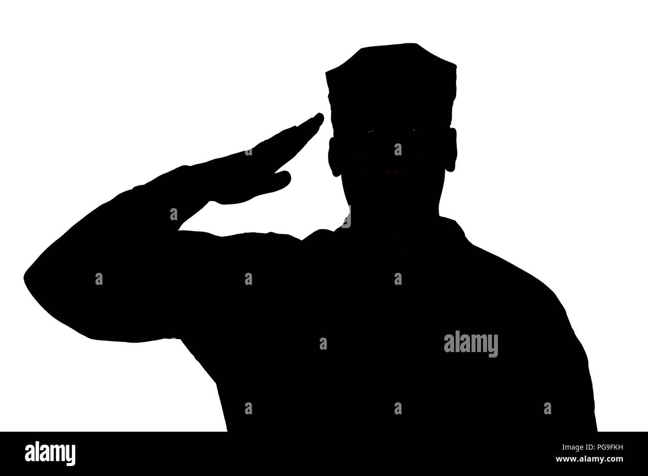 Saluting Soldier Silhouette On White Background Isolated Stock Photo