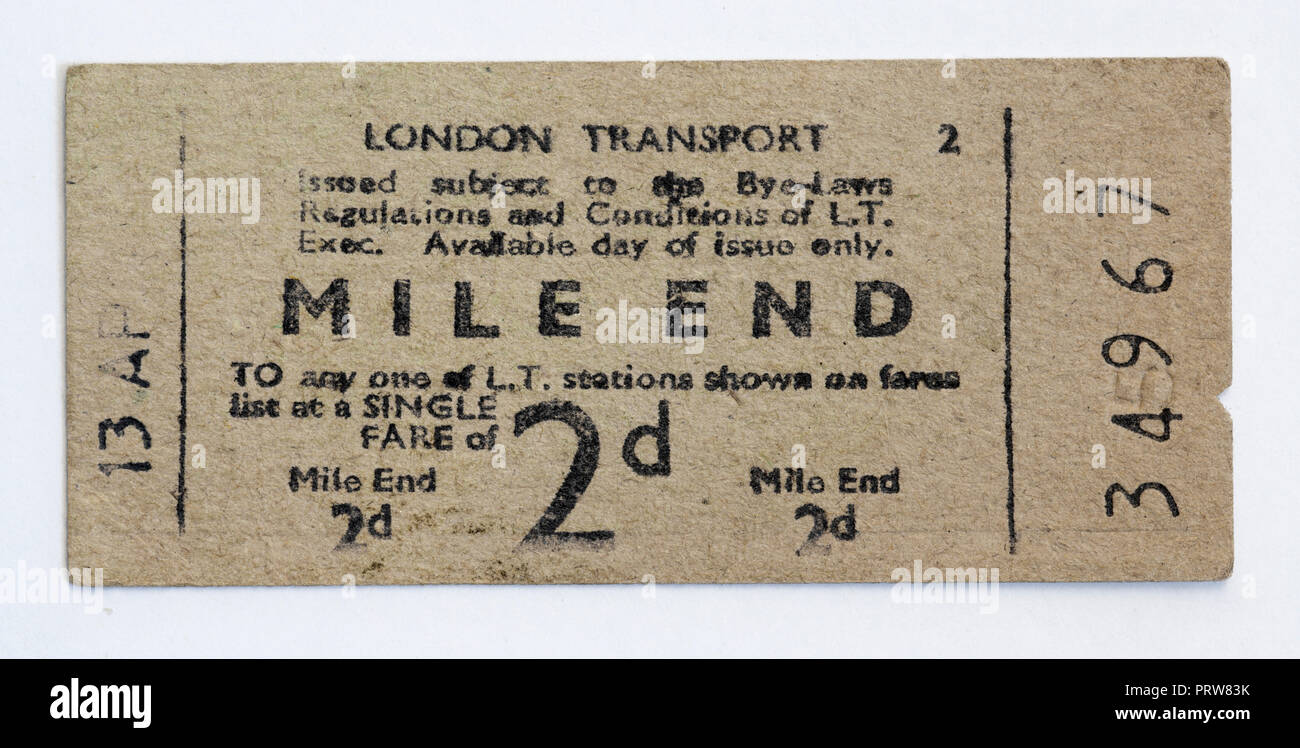 Vintage 1950s London Underground Ticket Mile End Station Stock Photo