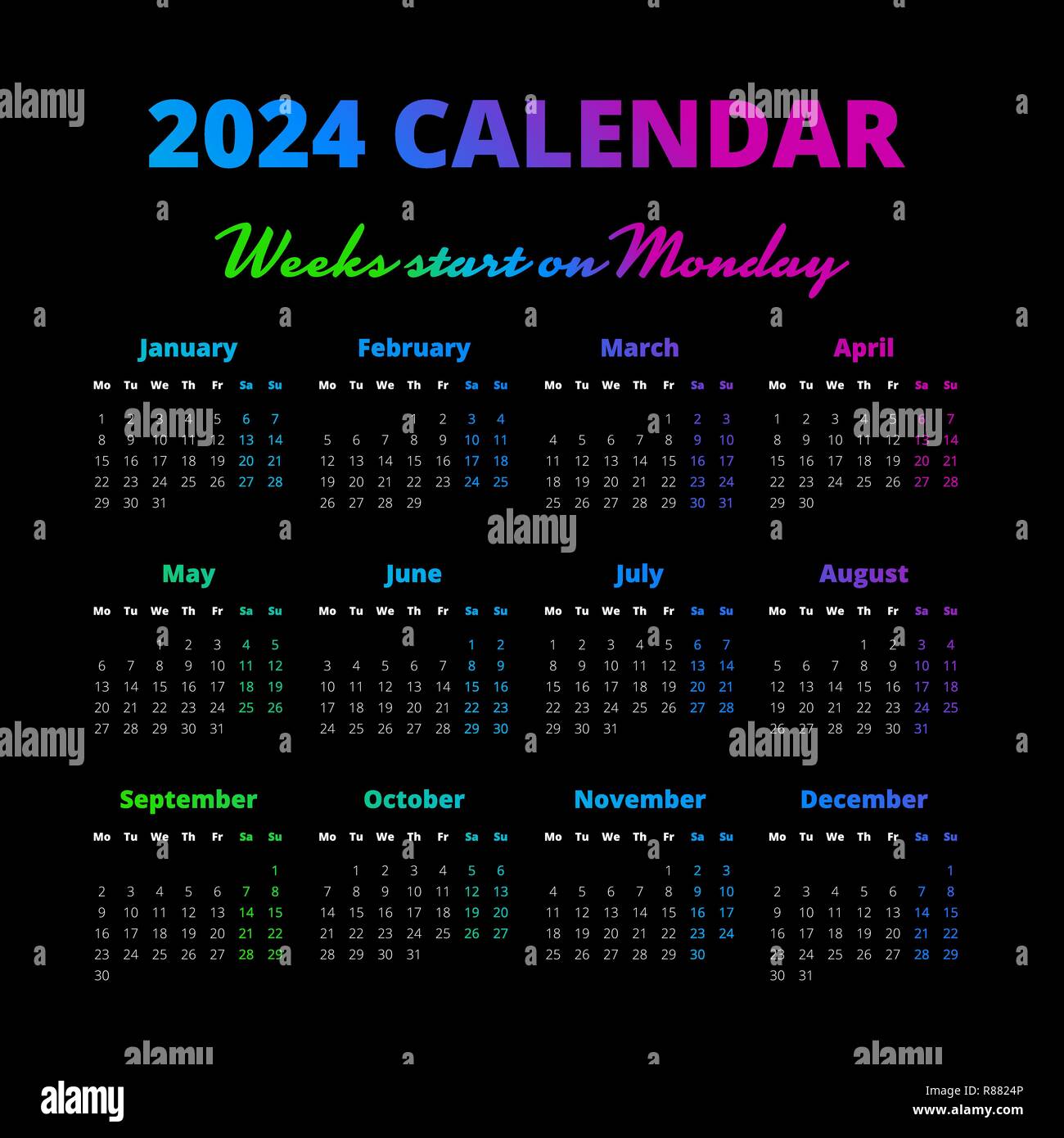 Simple 2024 year calendar on the black background Stock Vector Image