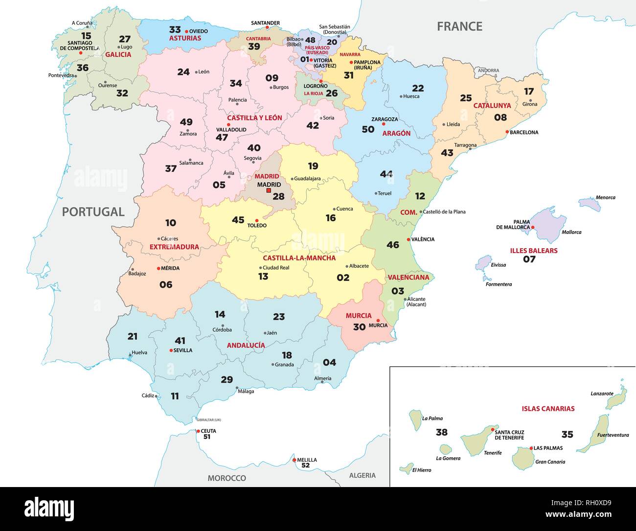 A Spain Province Map With 2 Digit Zip Codes Stock Vector Image And Art