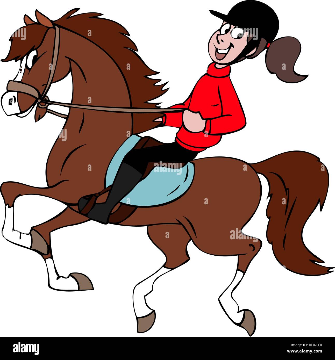 Cartoon rider and her brown horse vector illustration Stock Vector