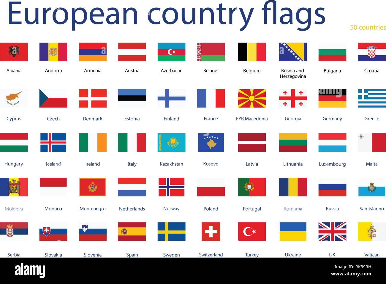 Vector illustration set of European country flags with names. 50