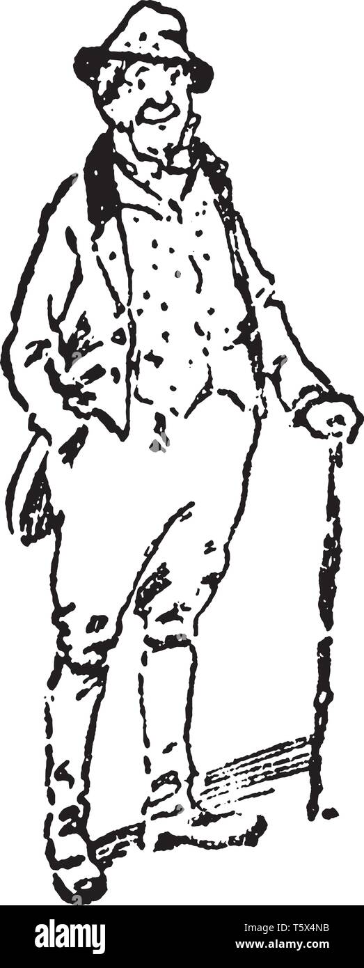 An old man with hat on head holding stick in hand, vintage line drawing ...
