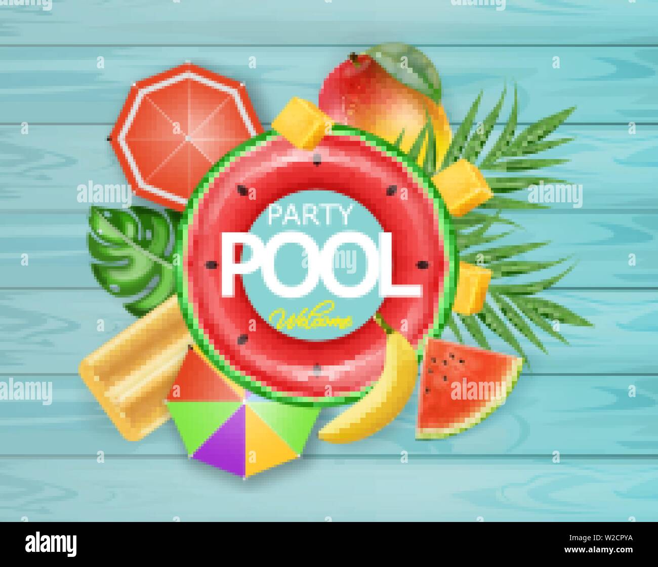 Summer Pool Tropic Fruits Card Vector Realistic 3d Detailed Textures