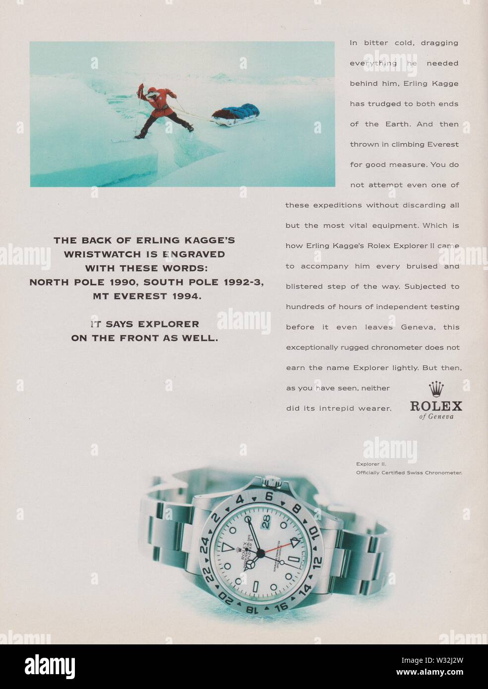 Saga Rodet Historiker poster advertising Rolex Oyster Perpetual Explorer II watch in magazine  from 1998 year, slogan, advertisement, creative ROLEX advert from 1990s  Stock Photo - Alamy