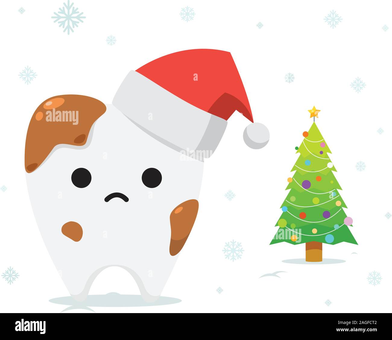 Stained tooth is wearing christmas hat. Isolated Vector Illustration