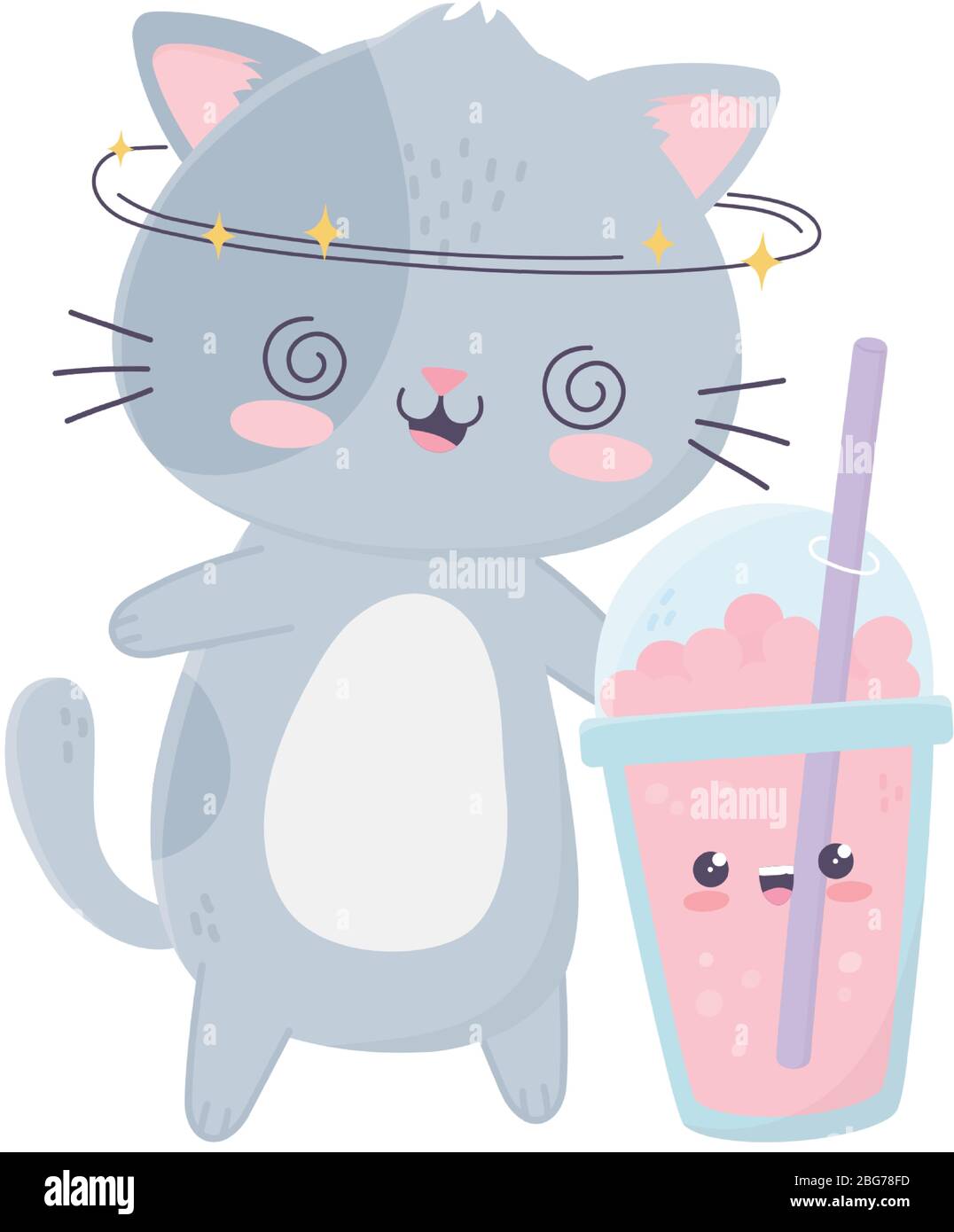 cute crazy cat with milkshake snack kawaii cartoon character vector ...