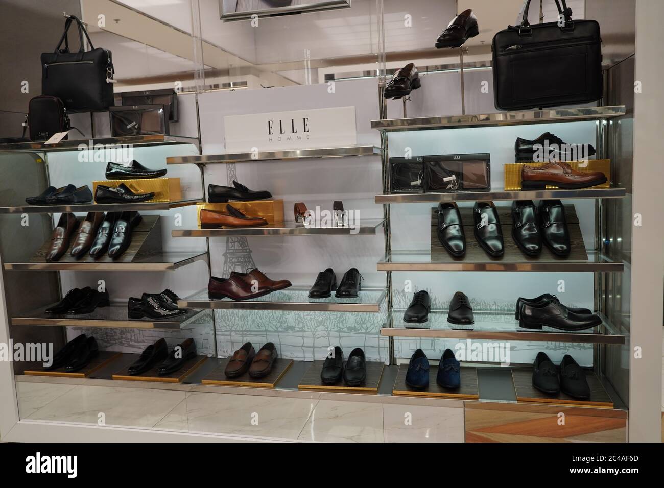 Dubai UAE December 2019 - Men shoes in a luxury store. Set of black and ...