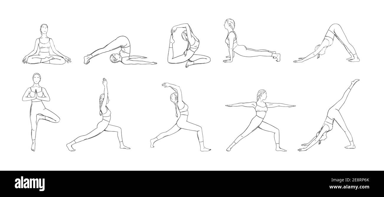 Yoga asana set. Set of woman exercising yoga illustrations. Hand drawn ...