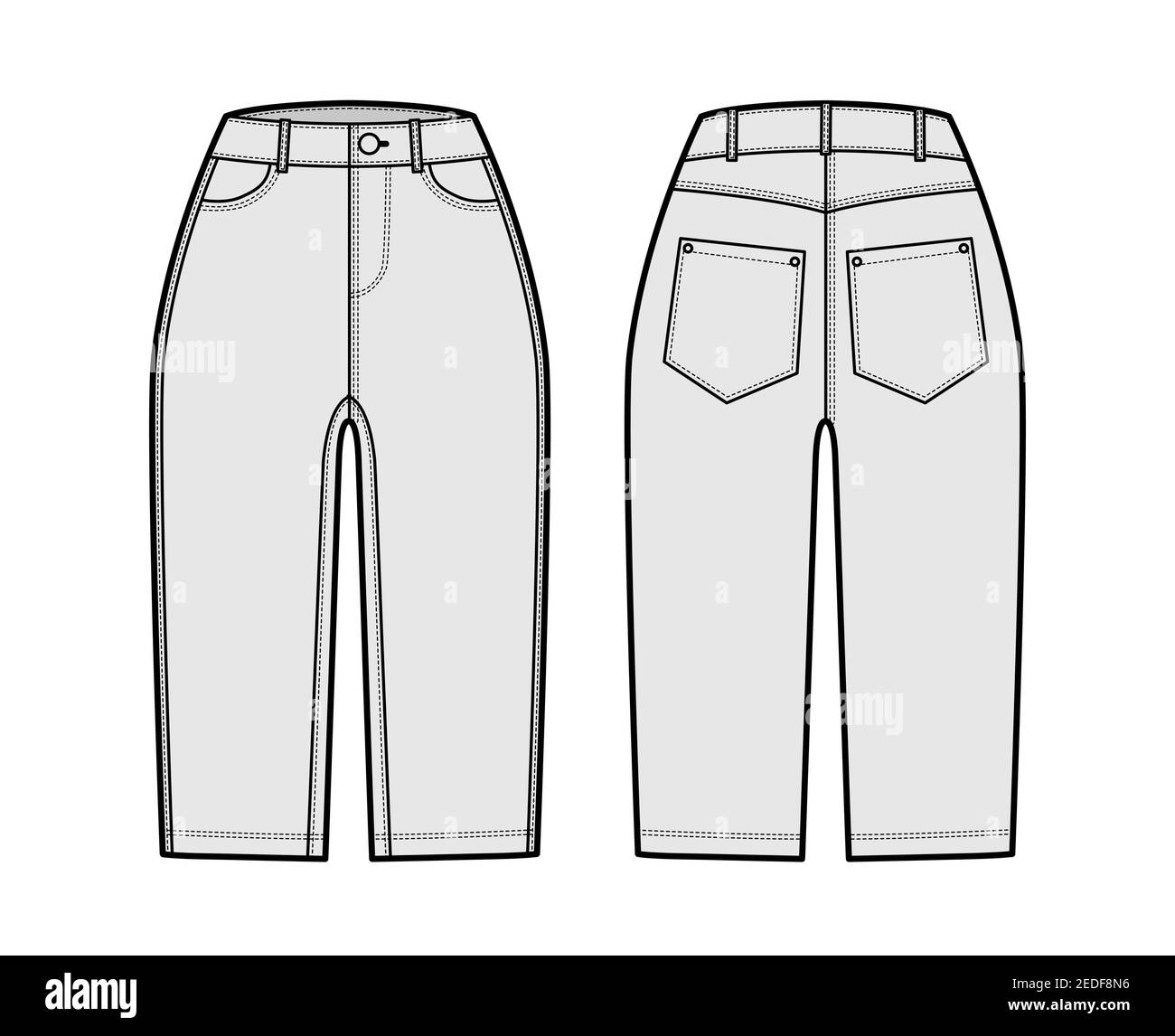 Denim short pants technical fashion illustration with knee length ...