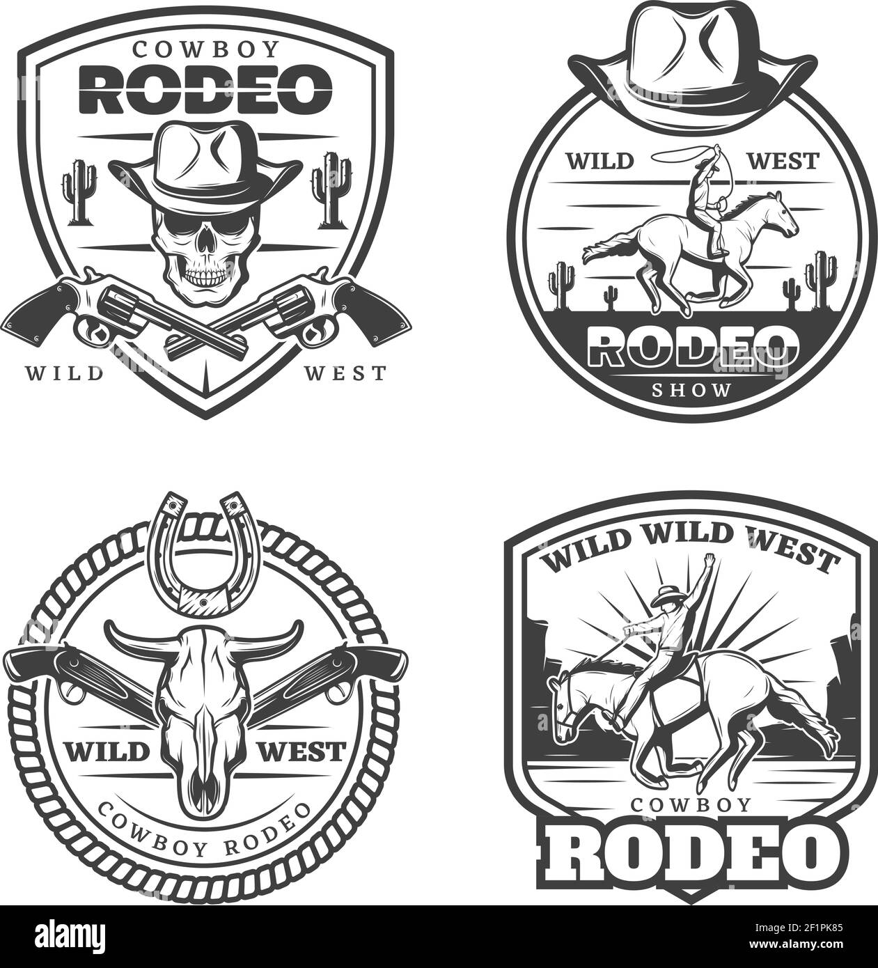 Monochrome vintage rodeo emblems set with cowboy riding horse weapon ...