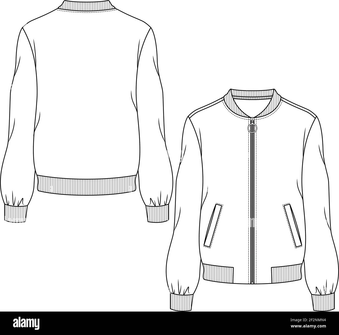 Women Bomber Jacket fashion flat sketch template. Technical Fashion ...