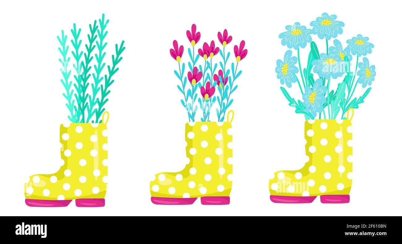Cute set spring flowers in yellow rubber boots, design and decor ...