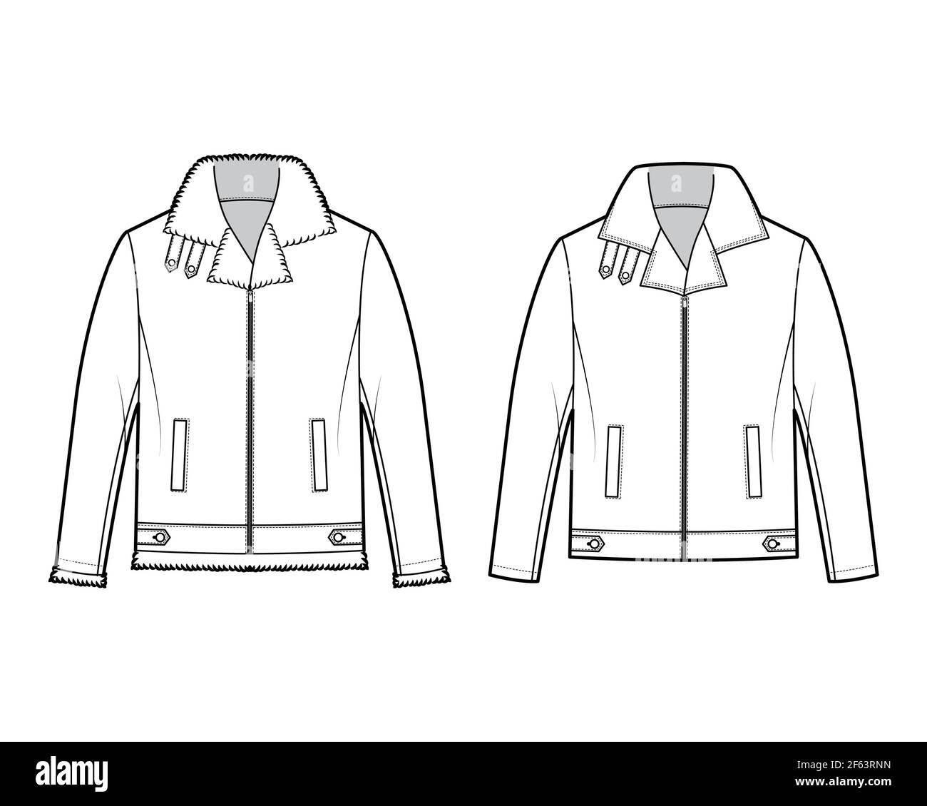 Set of Zip-up Bombers leather jacket technical fashion illustration ...