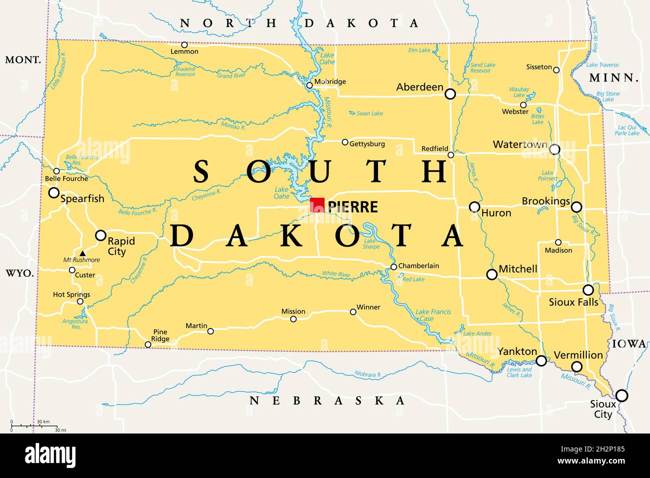South Dakota Sd Political Map With Capital Pierre And Largest City