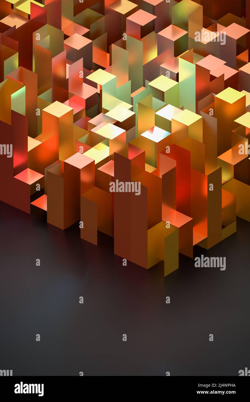 Abstract background of orange and red isometric cuboids depicting a ...