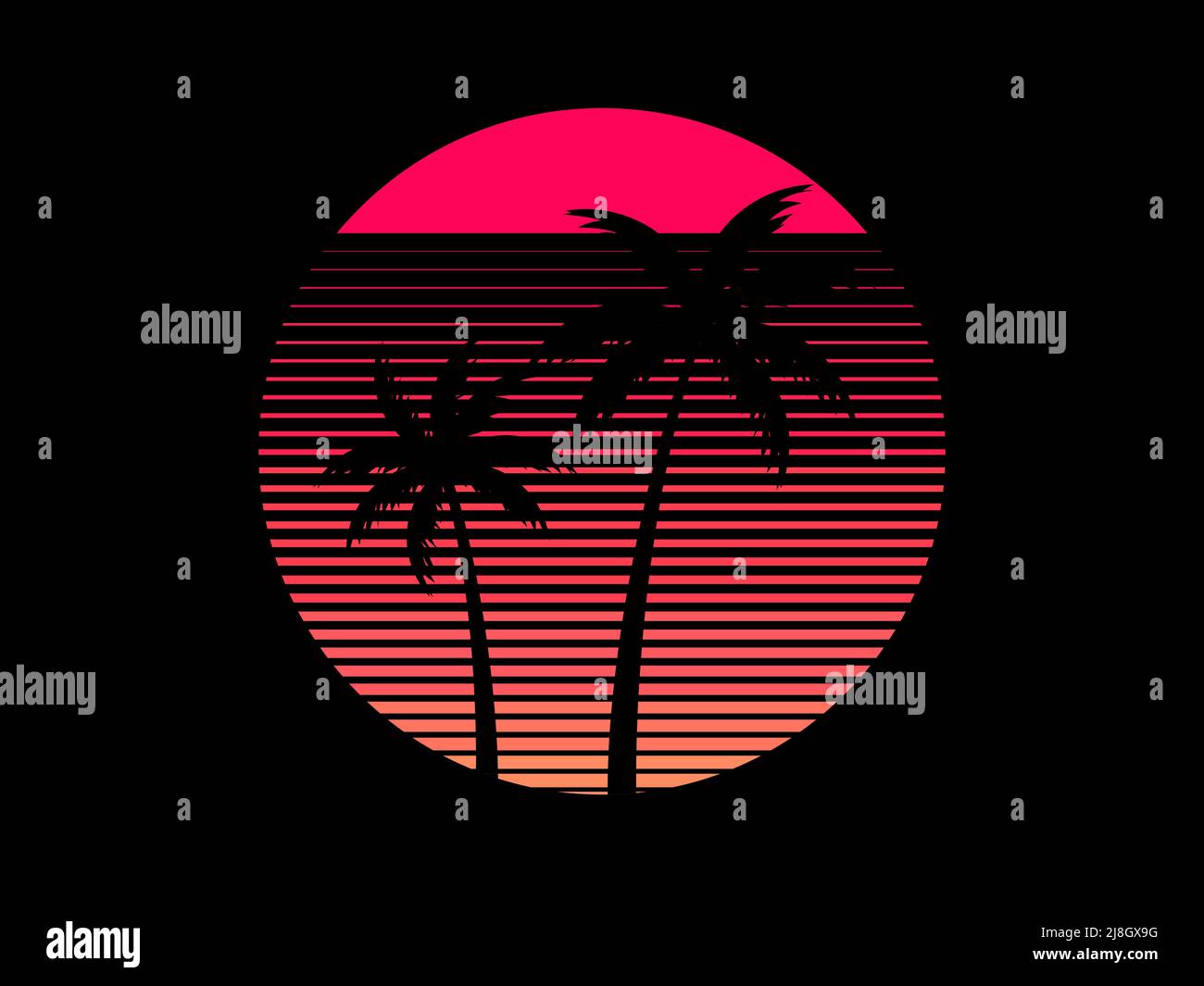 Sunset with palm trees in 80s style. Retro futuristic sun with outline ...