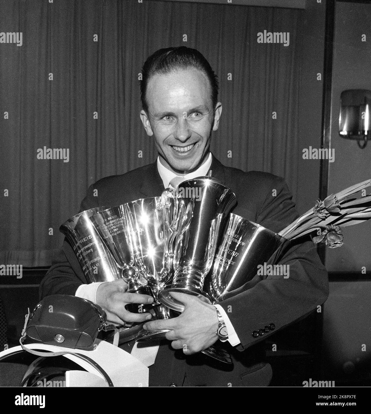 Oslo 19630107 Ski jumper Thoralf Engan with prizes. Smiling image with ...