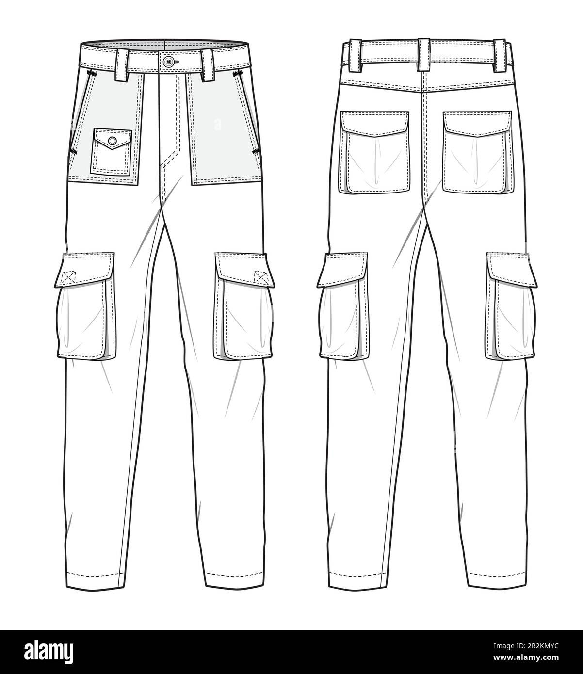 Men's cargo pant front and back view flat sketch vector illustration ...