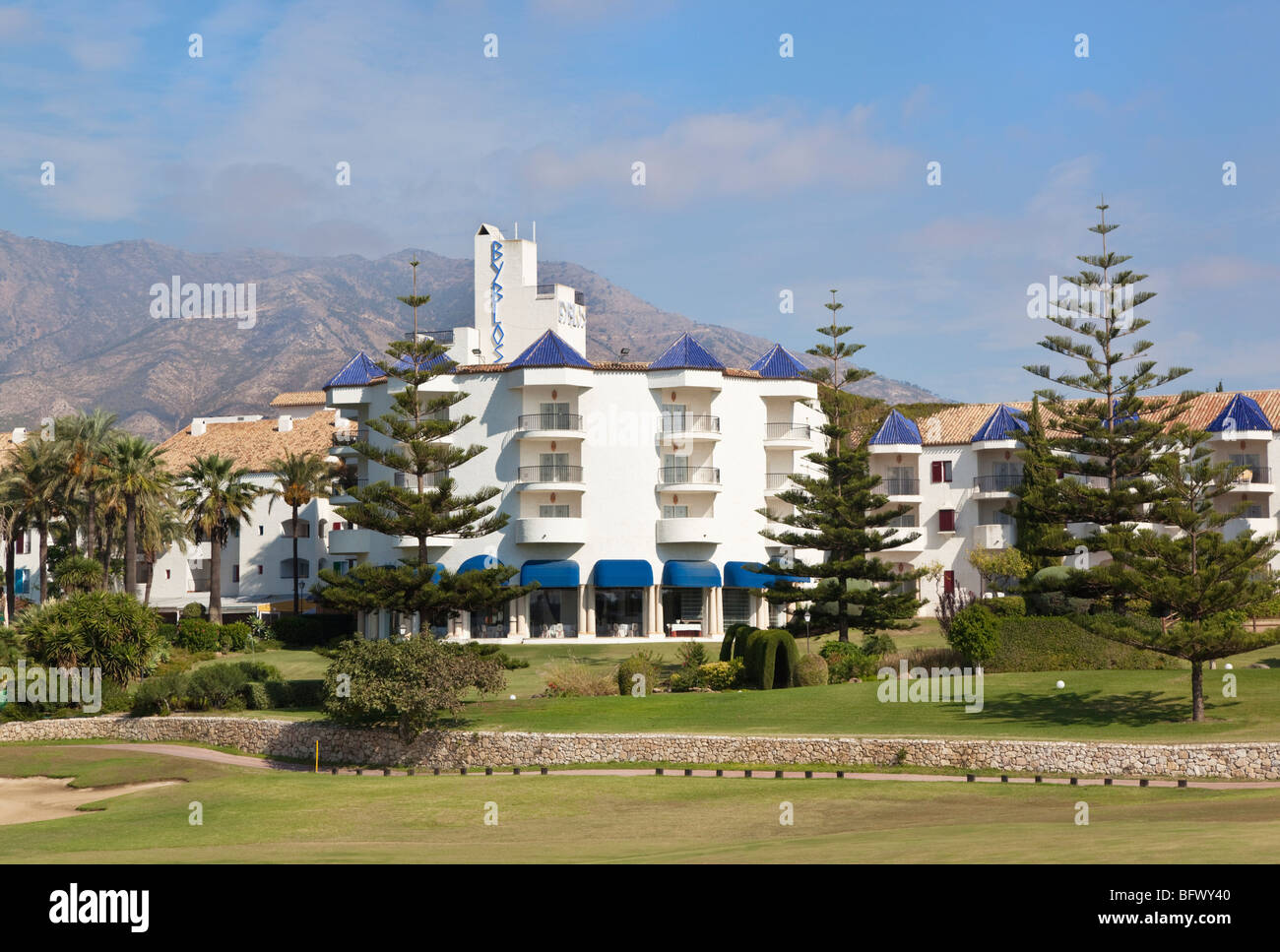 Luxury five star Byblos Hotel seen over Los Lagos golf course, Mijas ...