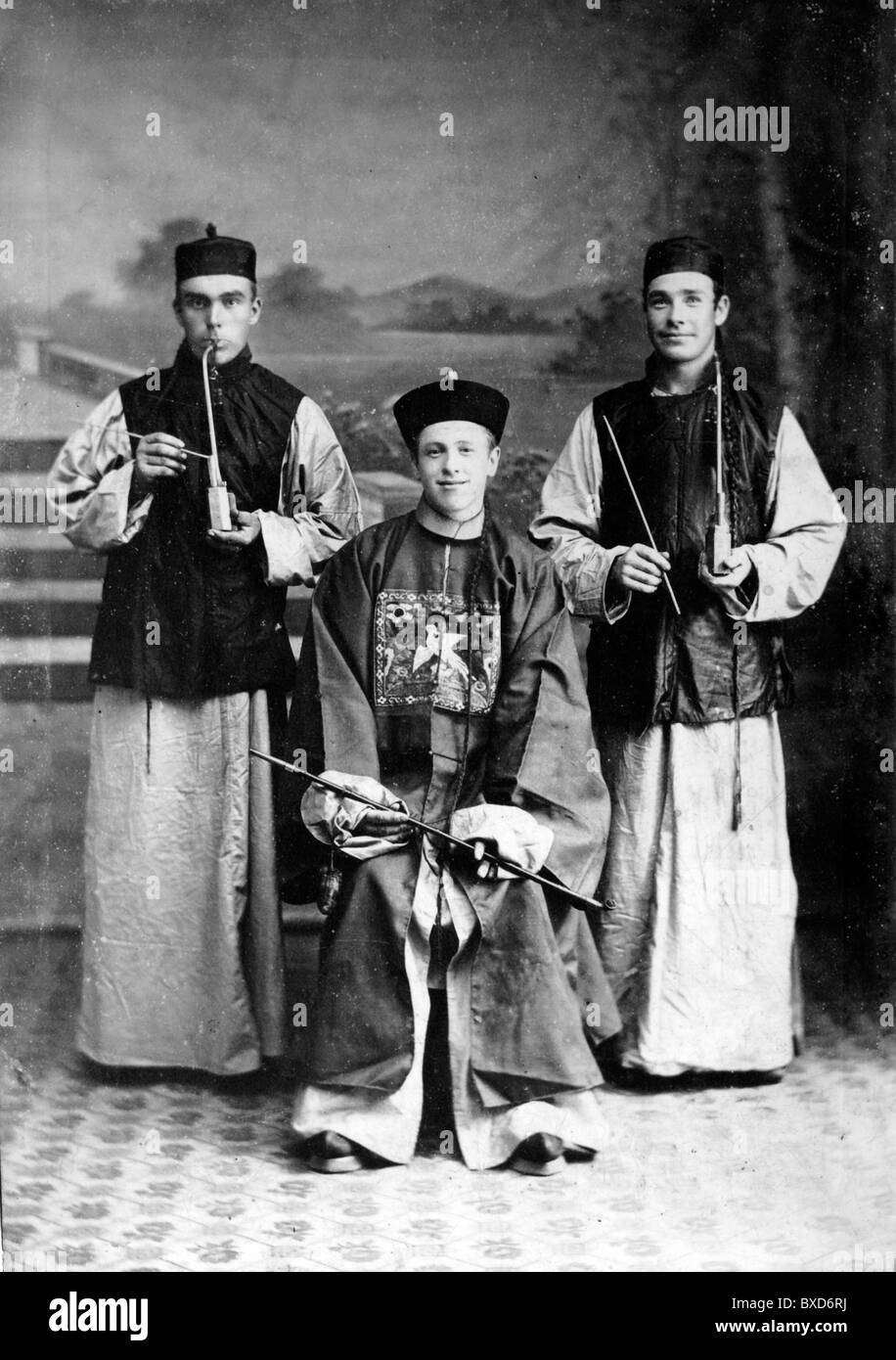 Europeans or European Men Dressed in Chinese Dress or Costume, Smoking ...