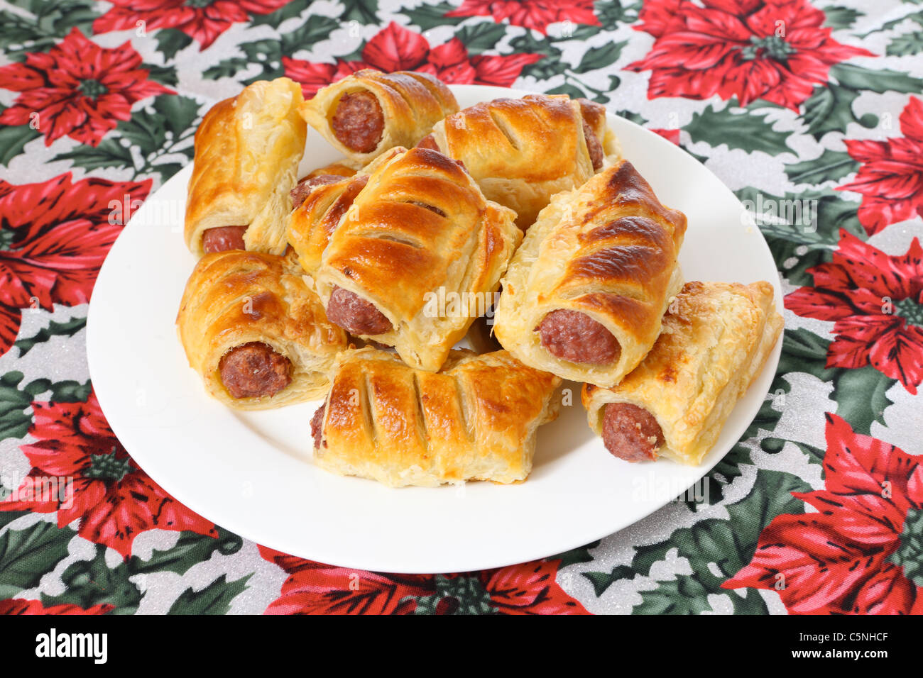 A plate of sausage rolls, traditional British Christmas food, on a
